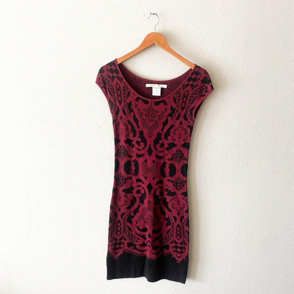Max Studio burgundy black paisley sweater short sleeve dress bodycon stretch S